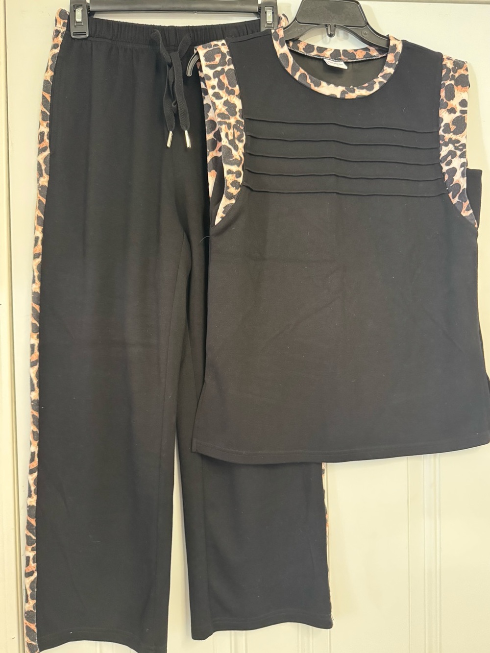 Women’s Black Two-Piece Set with Leopard Trim